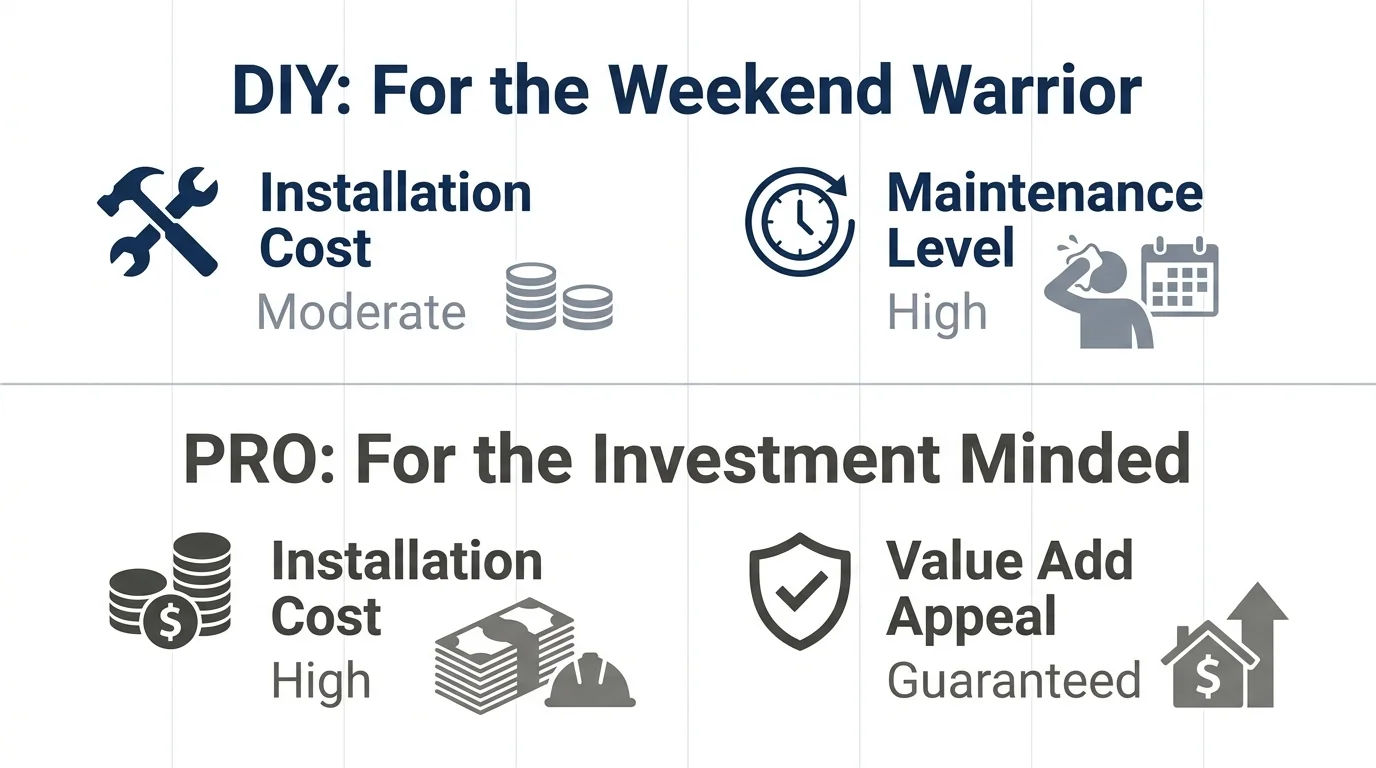 A comparison infographic showing the trade-offs between DIY projects and hiring a professional contractor.