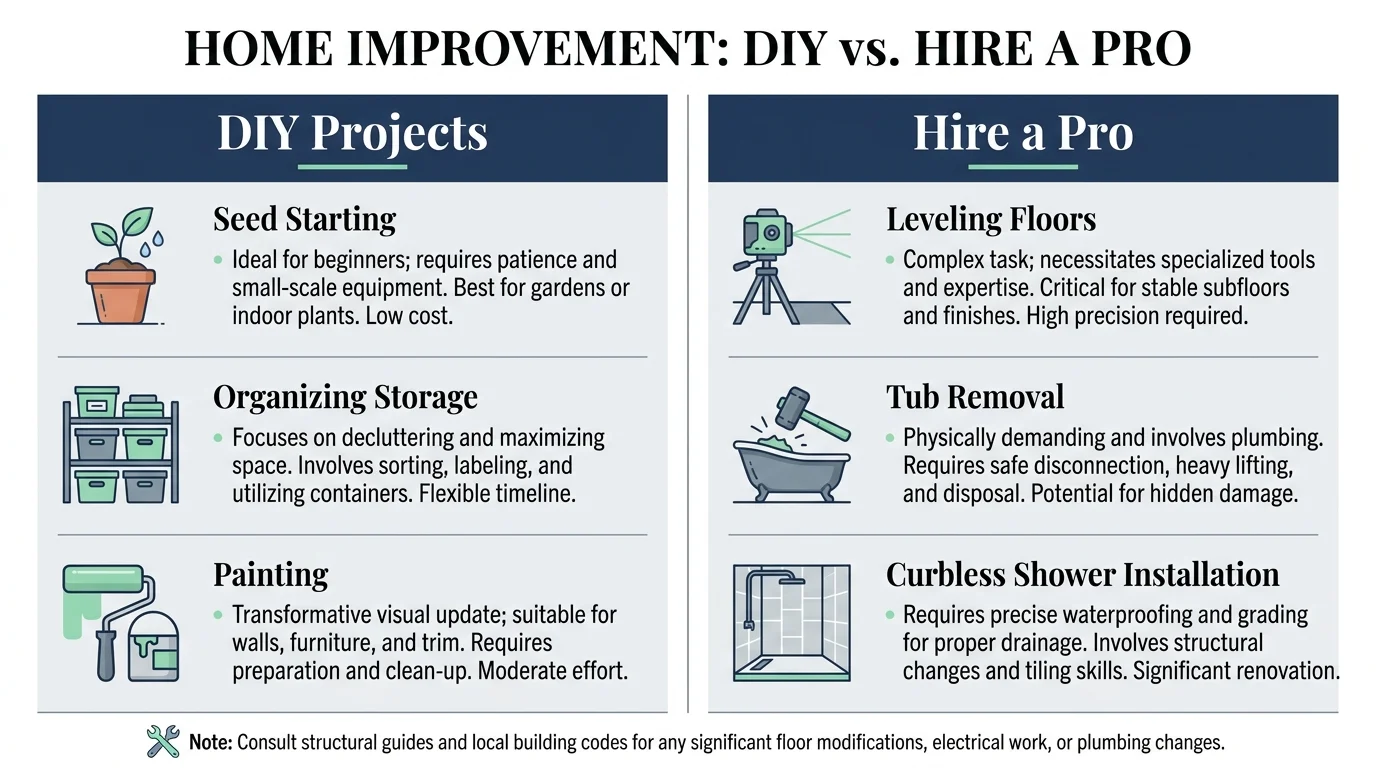 A comparison table showing which home projects are suitable for DIY and which require hiring a professional.