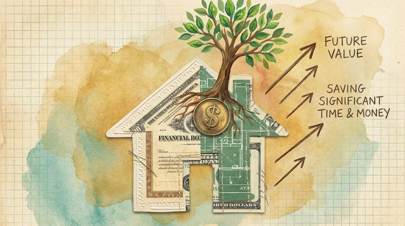 A conceptual collage showing a house with growing greenery and financial symbols, representing a smart investment.