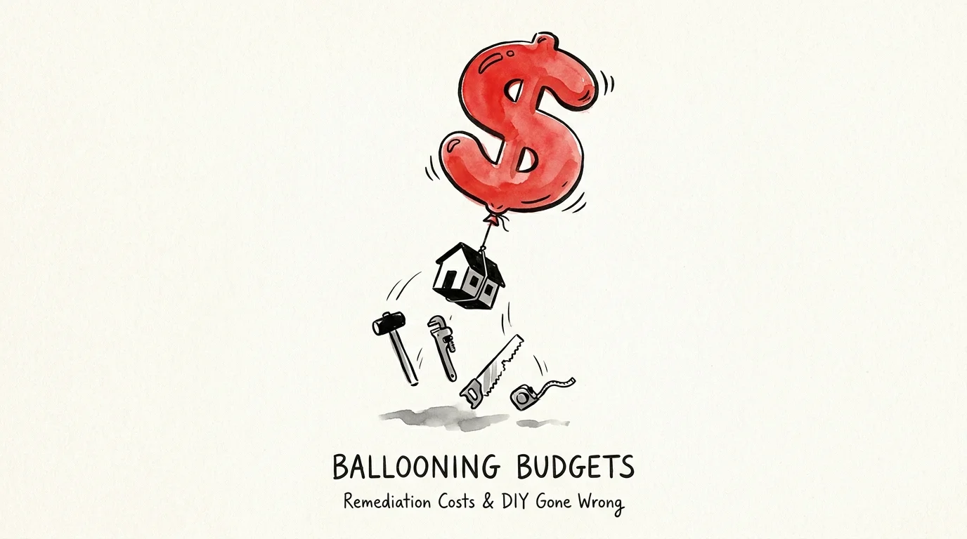 A conceptual illustration of a house being carried away by a giant dollar-sign balloon, representing ballooning repair costs.