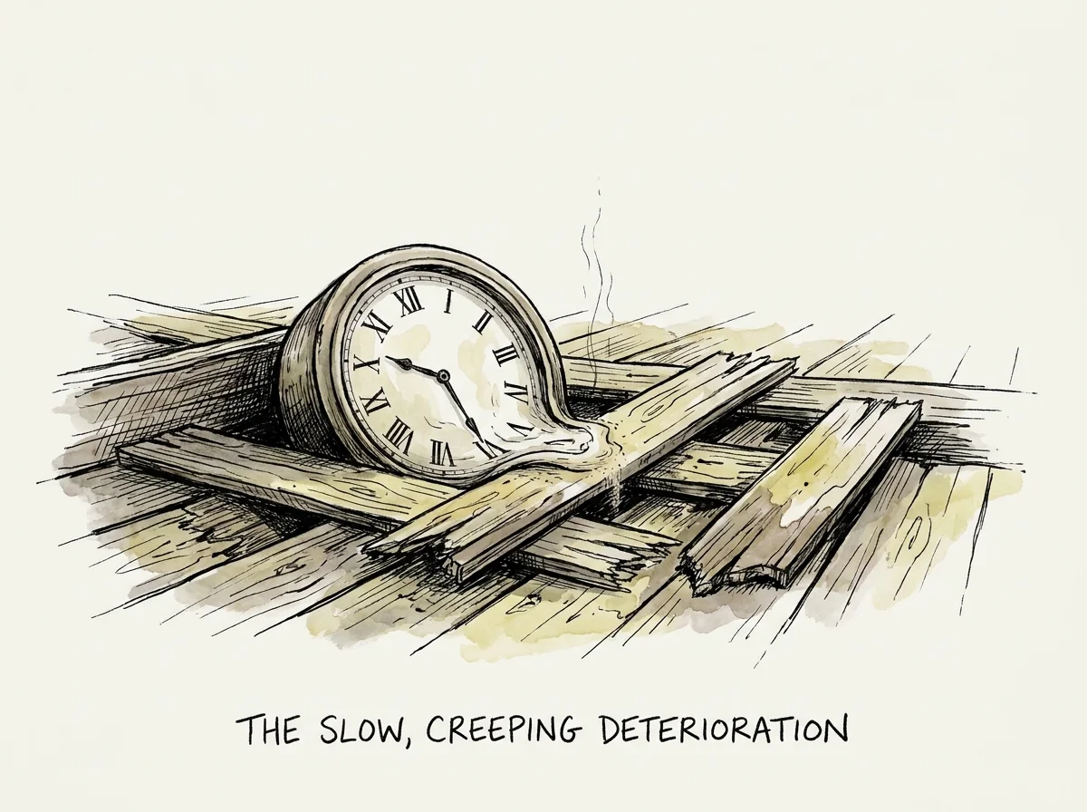 A conceptual illustration of an analog clock sinking into rotting wood, symbolizing the slow process of property decay.