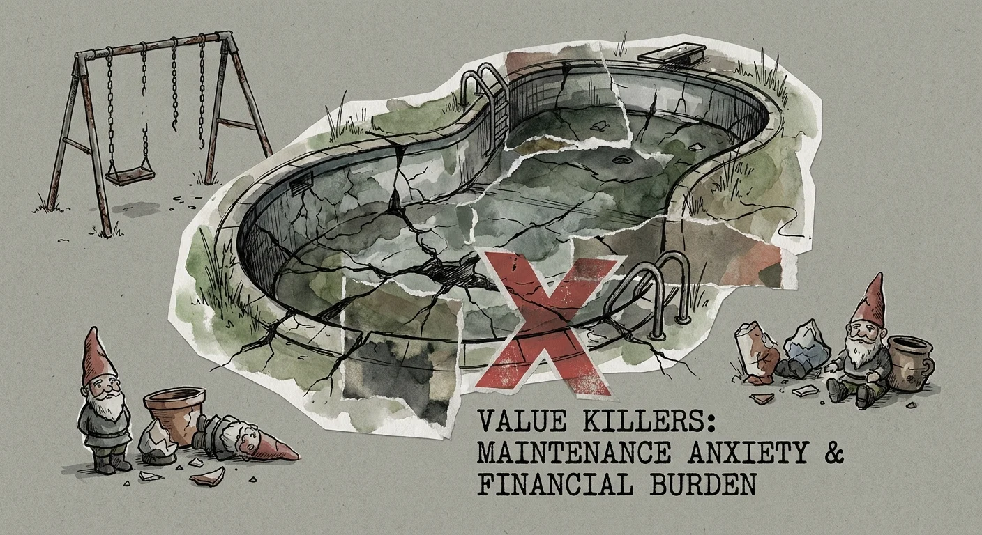 A conceptual illustration showing a cracked pool and cluttered yard to represent features that lower home value.
