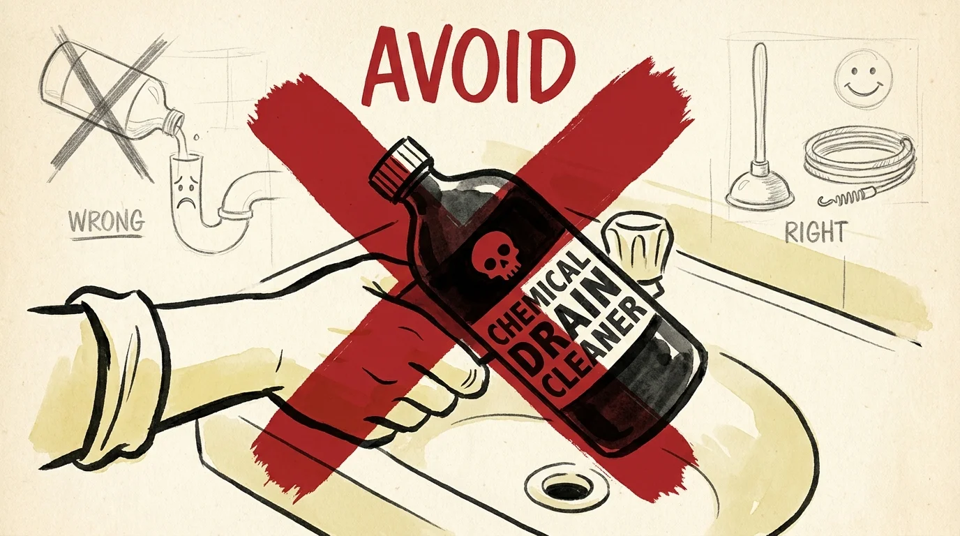 A conceptual illustration showing a red cross over a bottle of chemical drain cleaner to warn against its use.