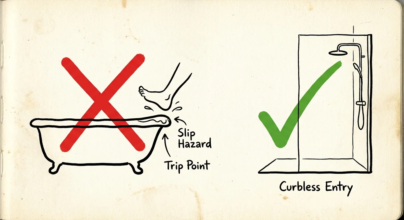 A conceptual ink drawing comparing a dangerous high-walled bathtub to a safe curbless shower entry.