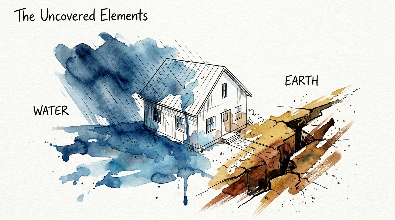 A conceptual watercolor and ink illustration showing stylized rain and a ground fissure threatening a simple house frame.