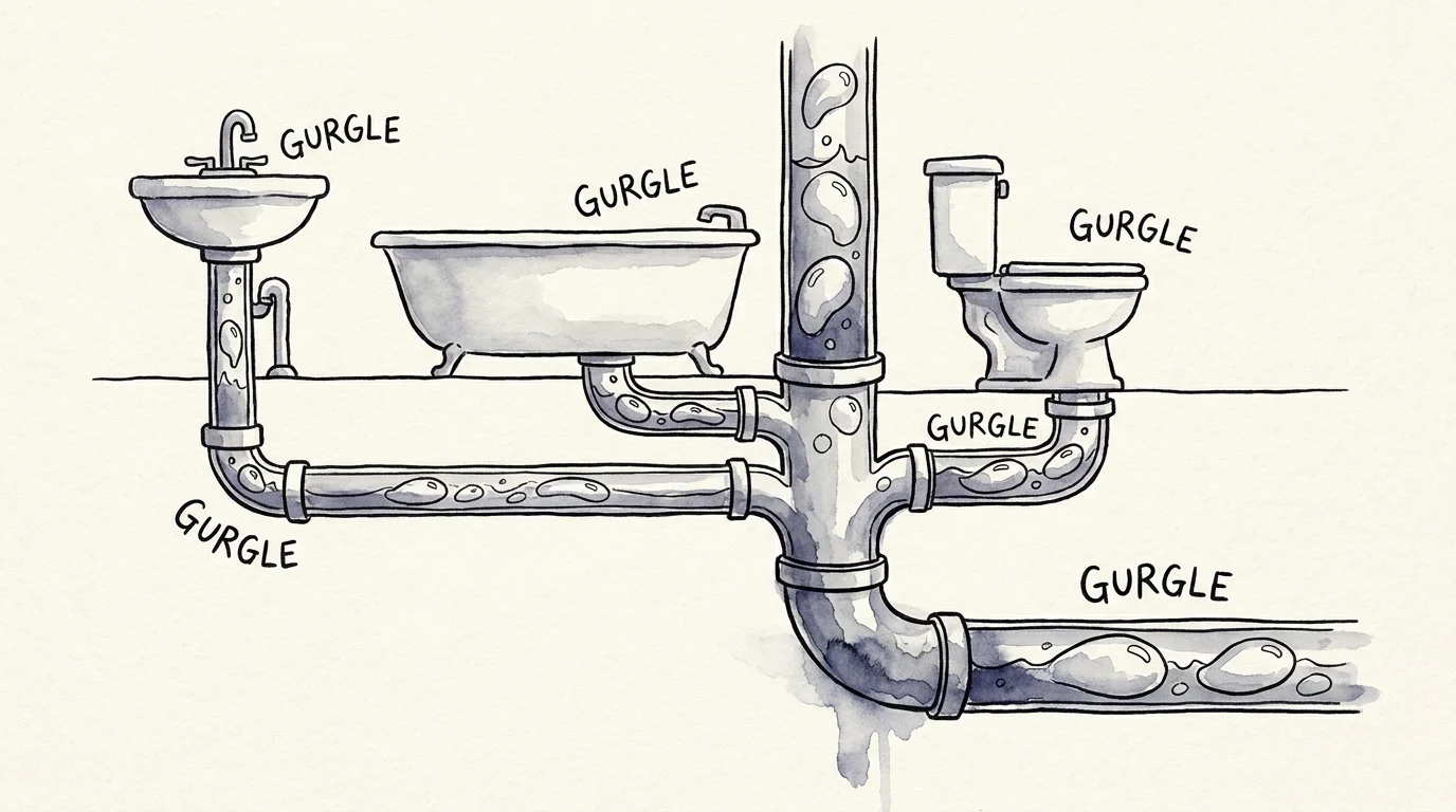 A conceptual watercolor illustration of a house's pipes with air bubbles and 'gurgle' text to represent drain noises.