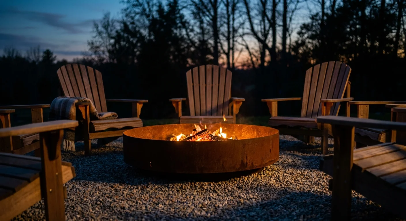A corten steel fire pit with glowing embers surrounded by Adirondack chairs on a pea gravel patio at twilight.