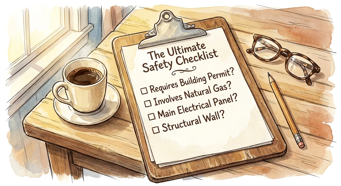 A cozy watercolor illustration of a safety checklist on a clipboard, sitting on a kitchen table with coffee.