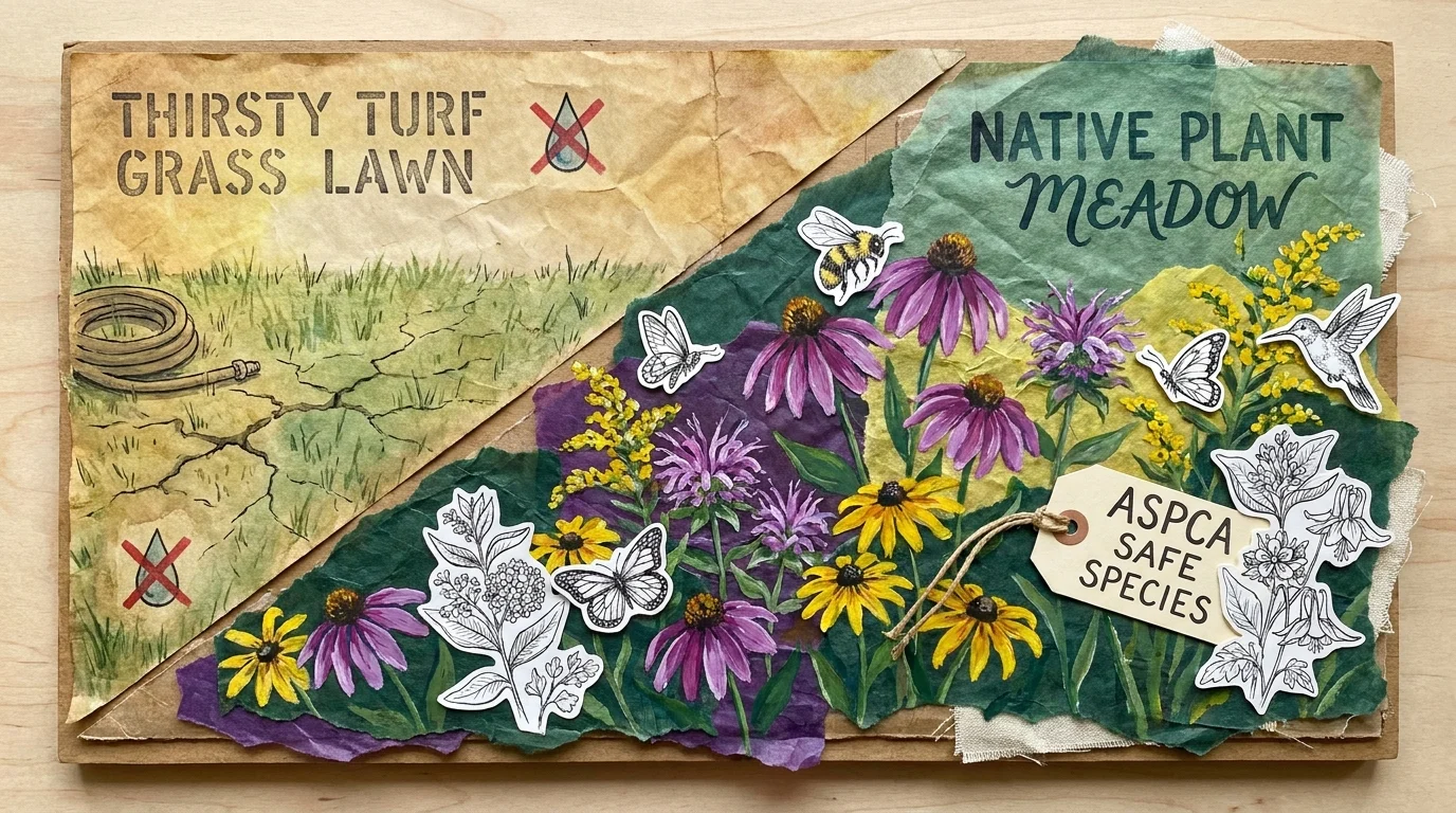 A creative collage comparing a dry, traditional grass lawn to a colorful, pollinator-friendly native meadow.