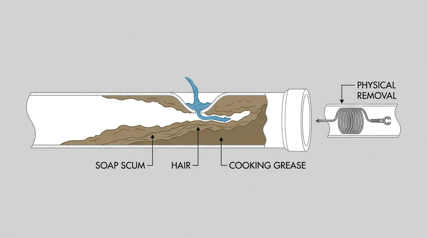 A cross-section diagram of a pipe showing how soap scum and hair narrow the drainage path over time.