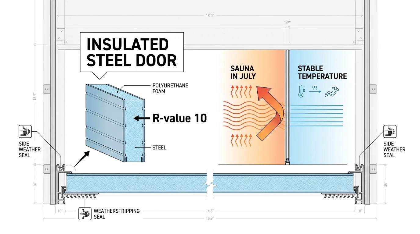 A cross-section diagram of an insulated garage door showing the polyurethane core and highlighting an R-value of 10.