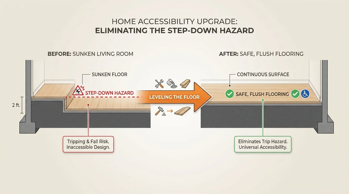 A cross-section diagram showing how a sunken living room floor is leveled to create a safe, continuous walking surface.