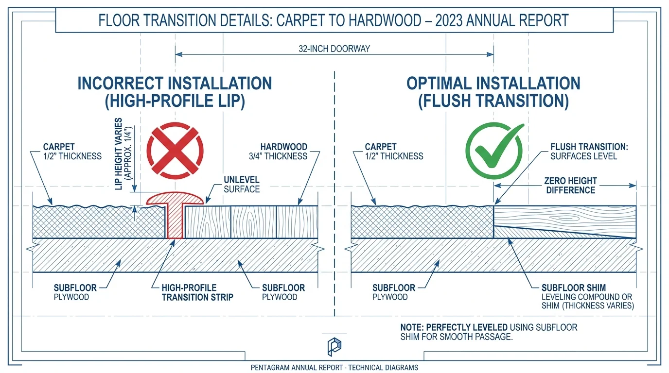 A cross-section diagram showing the difference between a tripping-hazard floor transition and a safe, flush transition.