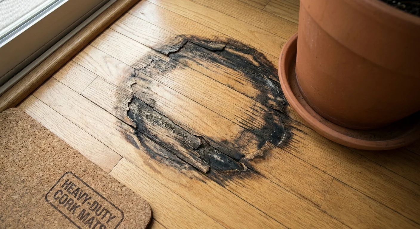 A dark water stain on a hardwood floor left behind by a ceramic plant pot, showing maintenance-related damage.
