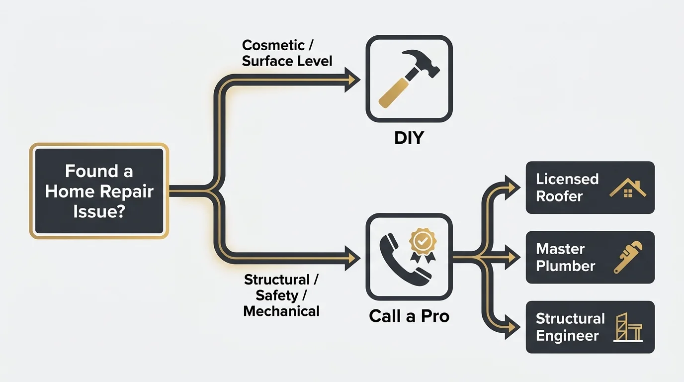 A decision-tree flowchart helping homeowners decide whether to DIY a repair or call a professional.