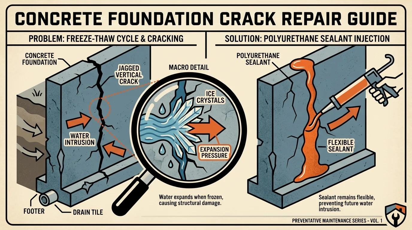 A diagram explaining how water freezes inside foundation cracks and how to seal them with polyurethane.