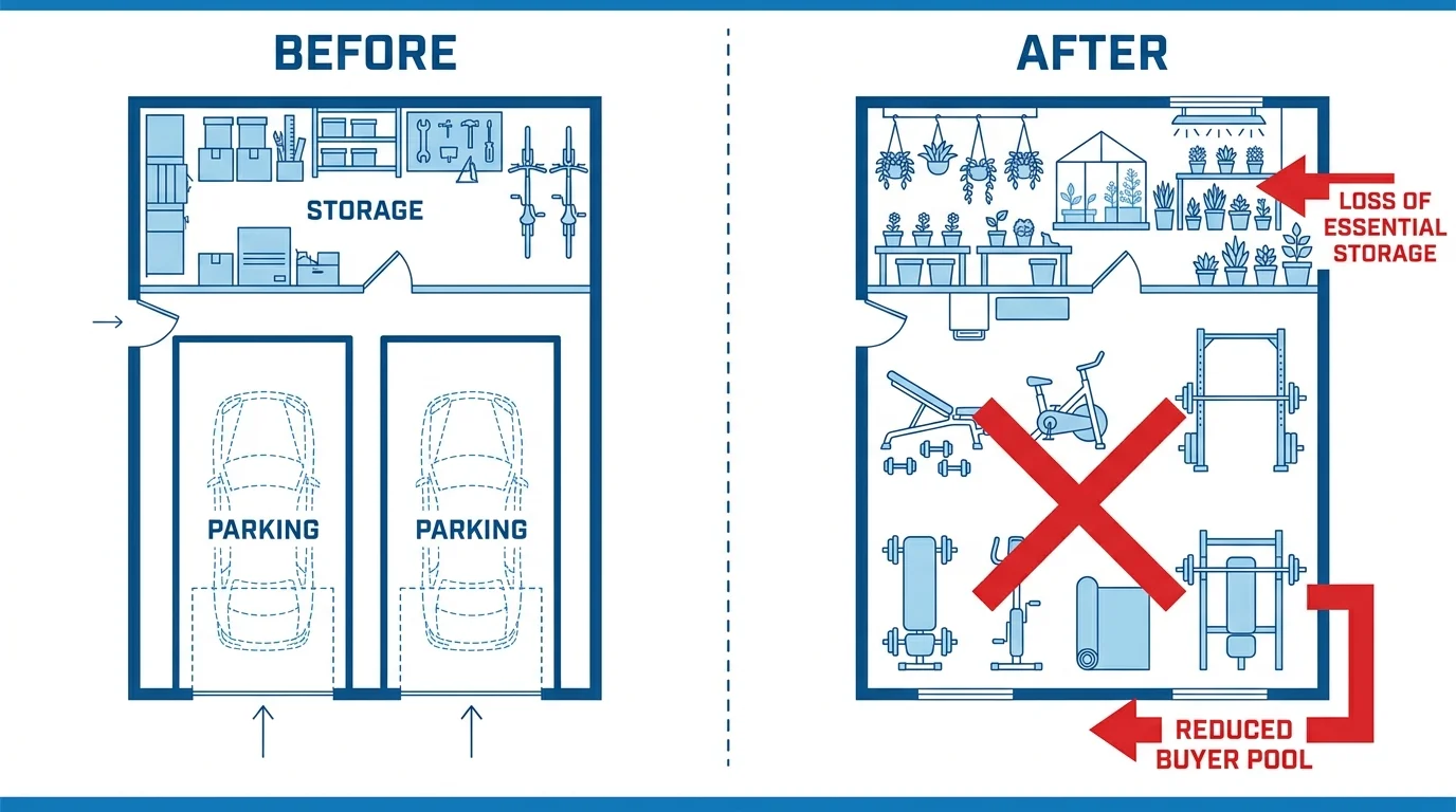 A diagram showing the loss of parking and storage space when a garage is converted into a living area.