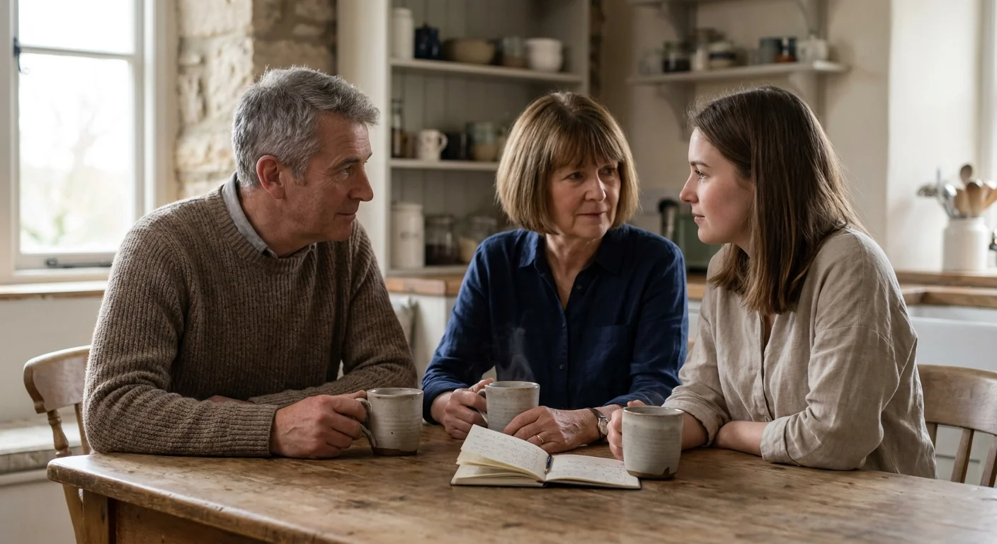 A family of three adults sits at a kitchen table with coffee, engaged in a focused and warm conversation.
