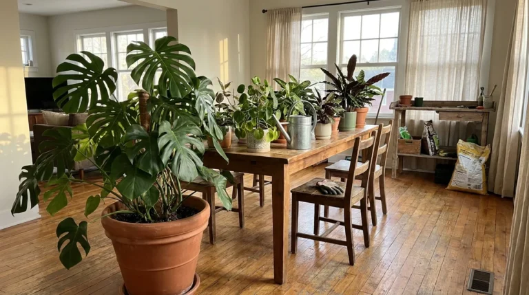 A formal dining room transformed into a lush indoor garden with large Monstera plants and a potting station in the sunlight.