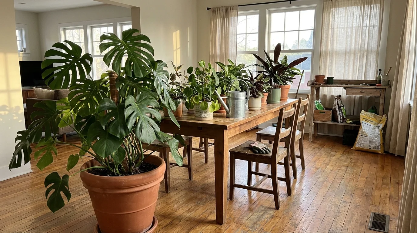 A formal dining room transformed into a lush indoor garden with large Monstera plants and a potting station in the sunlight.