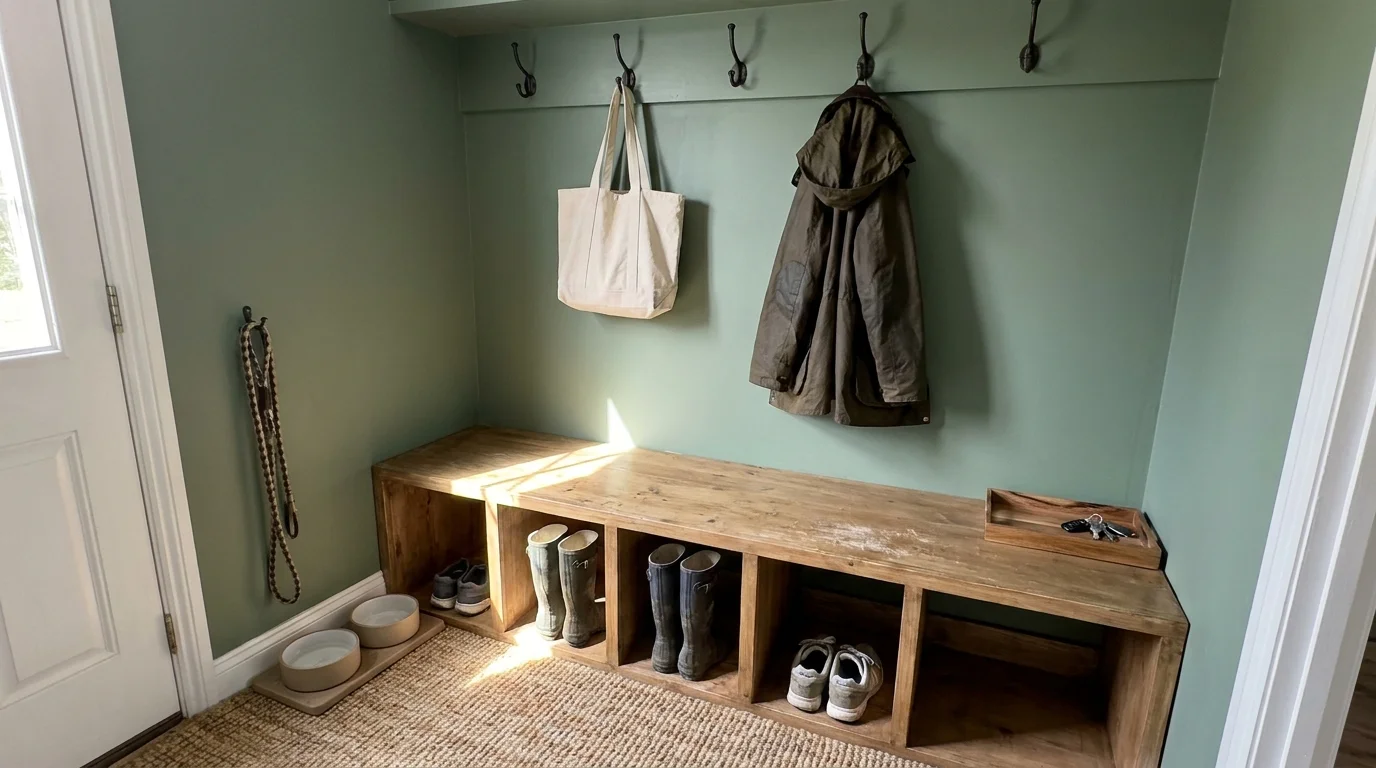 A functional mudroom with shoe cubbies, coat hooks, a pet station, and a jute rug.