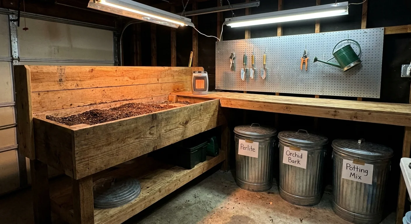 A garage bay featuring a wooden potting bench, galvanized steel bins for soil, and a pegboard for gardening tools.