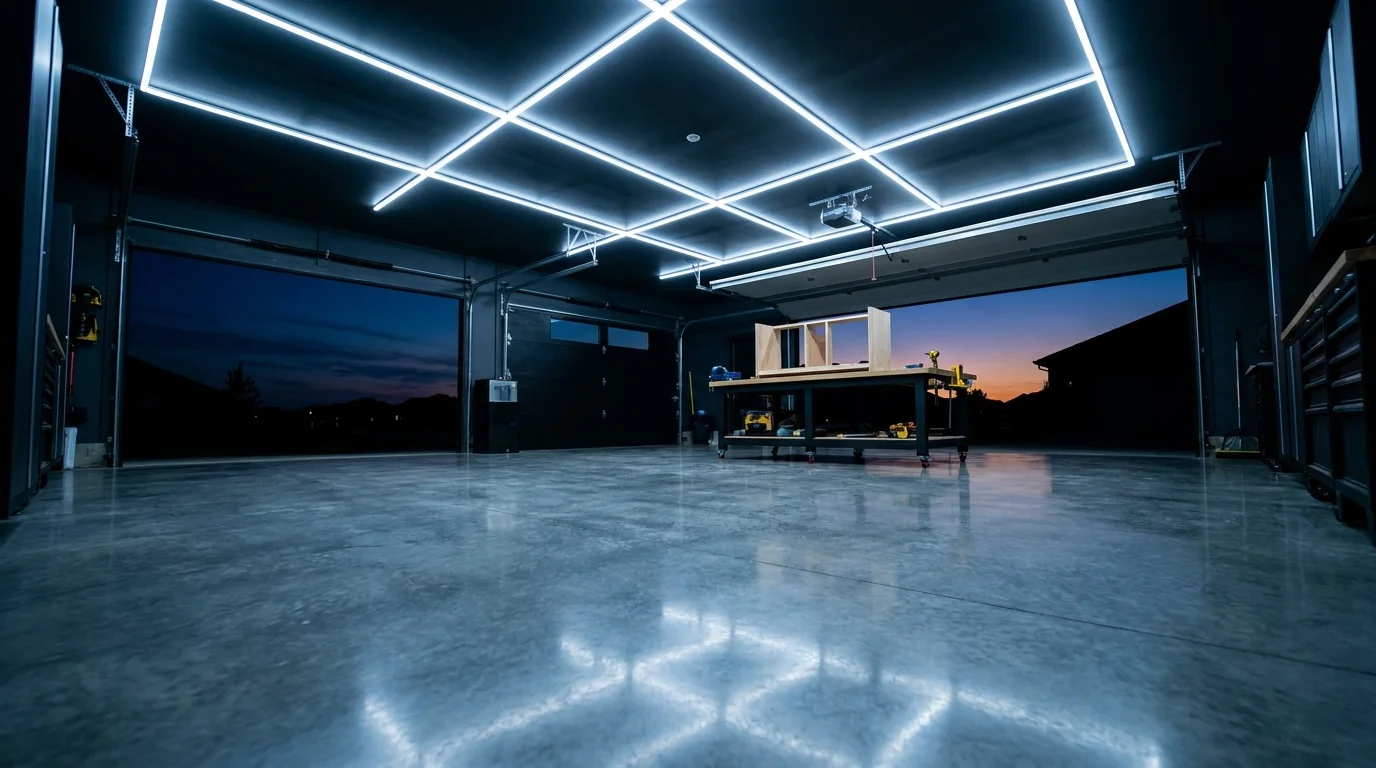 A garage interior brightly lit by a grid of professional-grade LED shop lights, showing a clear and shadow-free workspace.