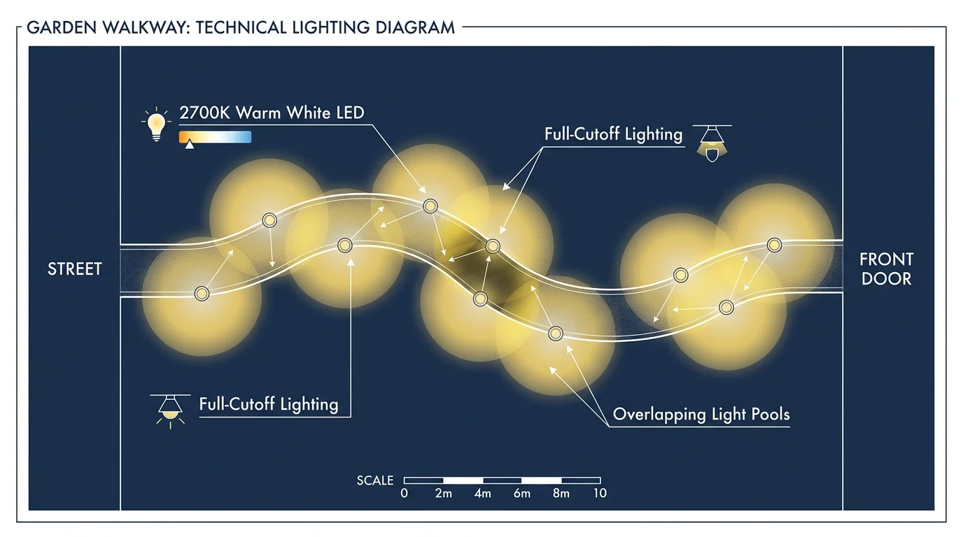 A garden lighting diagram showing overlapping pools of 2700K warm white light along a walkway.