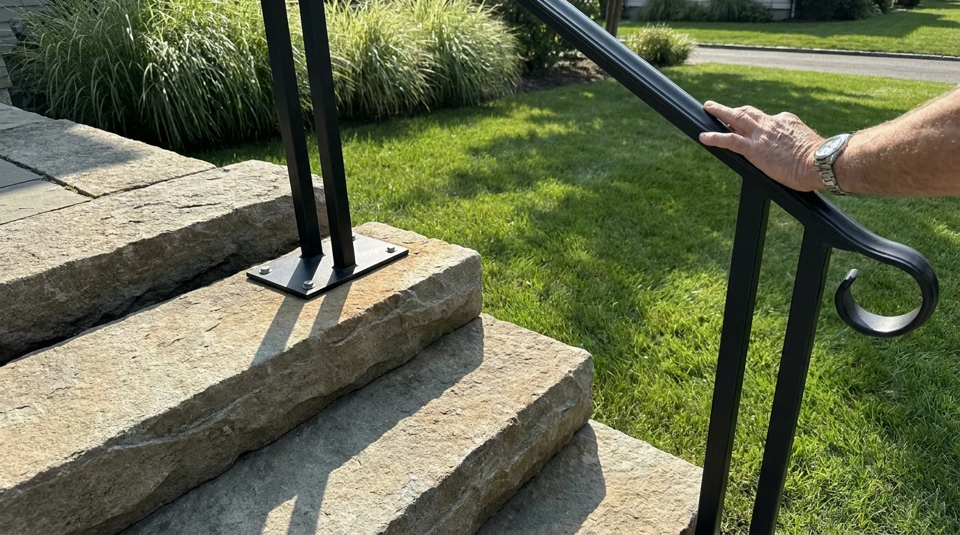 A hand grips a sturdy, black metal handrail installed next to garden stone steps for stability.