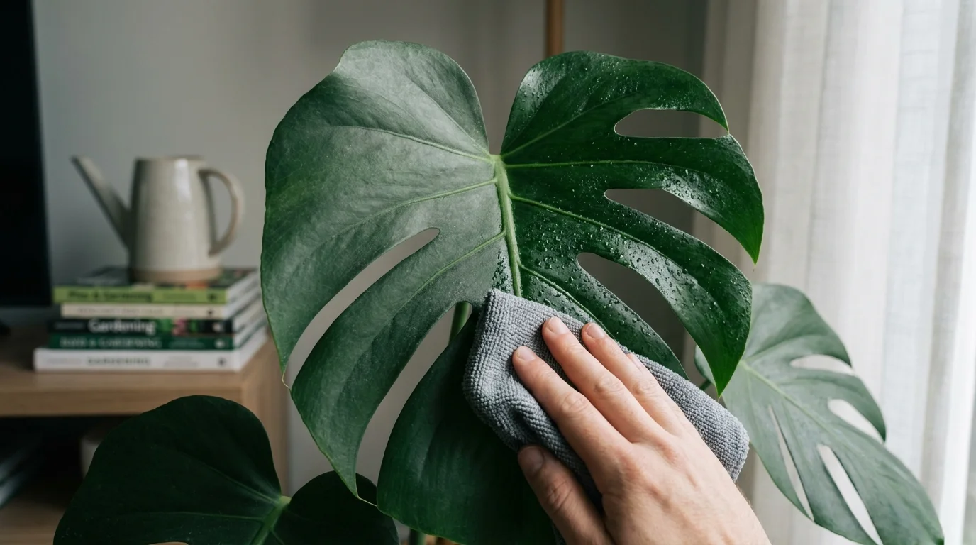 A hand wiping dust off a large Monstera leaf, showing a clear difference between the dusty and clean sides.