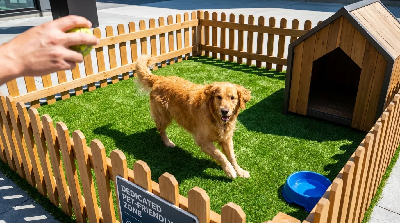 A happy dog playing on a patch of artificial turf in a fenced-off area of a backyard.