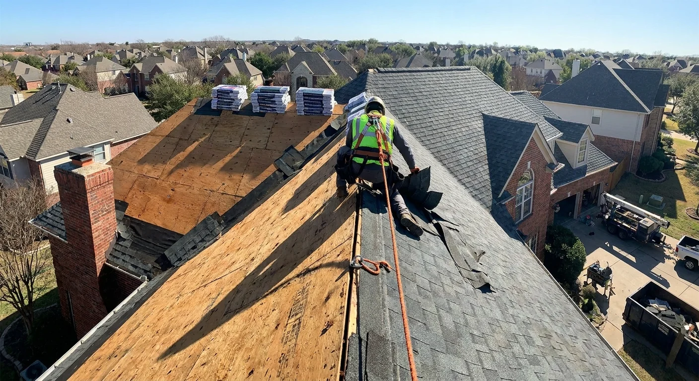A high-angle photo of a roof undergoing replacement, showing the steep pitch, safety harnesses, and stripped decking.