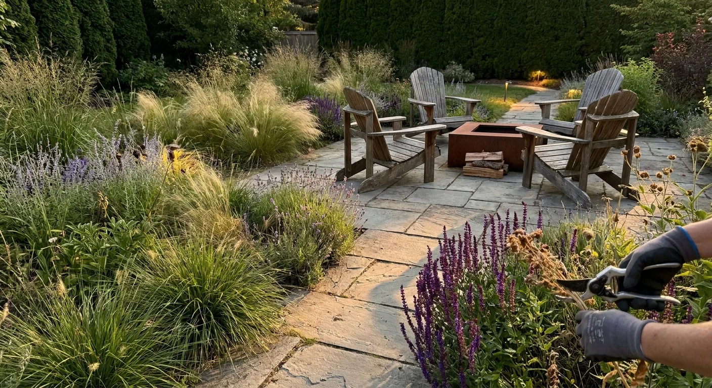 A high-detail photo of a stone patio with a fire pit, surrounded by ornamental grasses and garden paths at sunset.