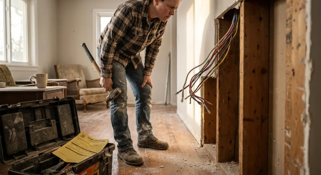 A homeowner stands in a partially demolished room holding a sledgehammer, looking uncertainly at exposed wires and wall studs.