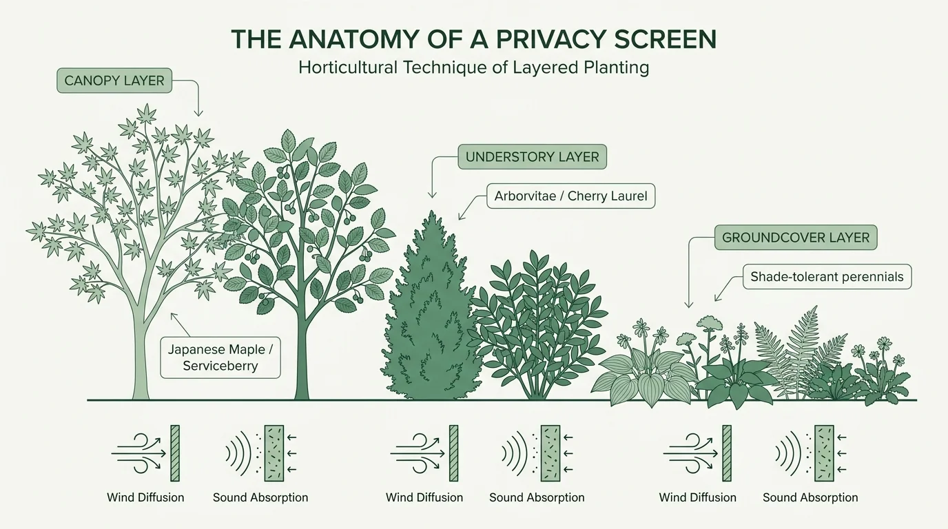 A horticultural diagram showing three layers of planting: Canopy Layer, Understory Layer, and Groundcover Layer for backyard privacy.