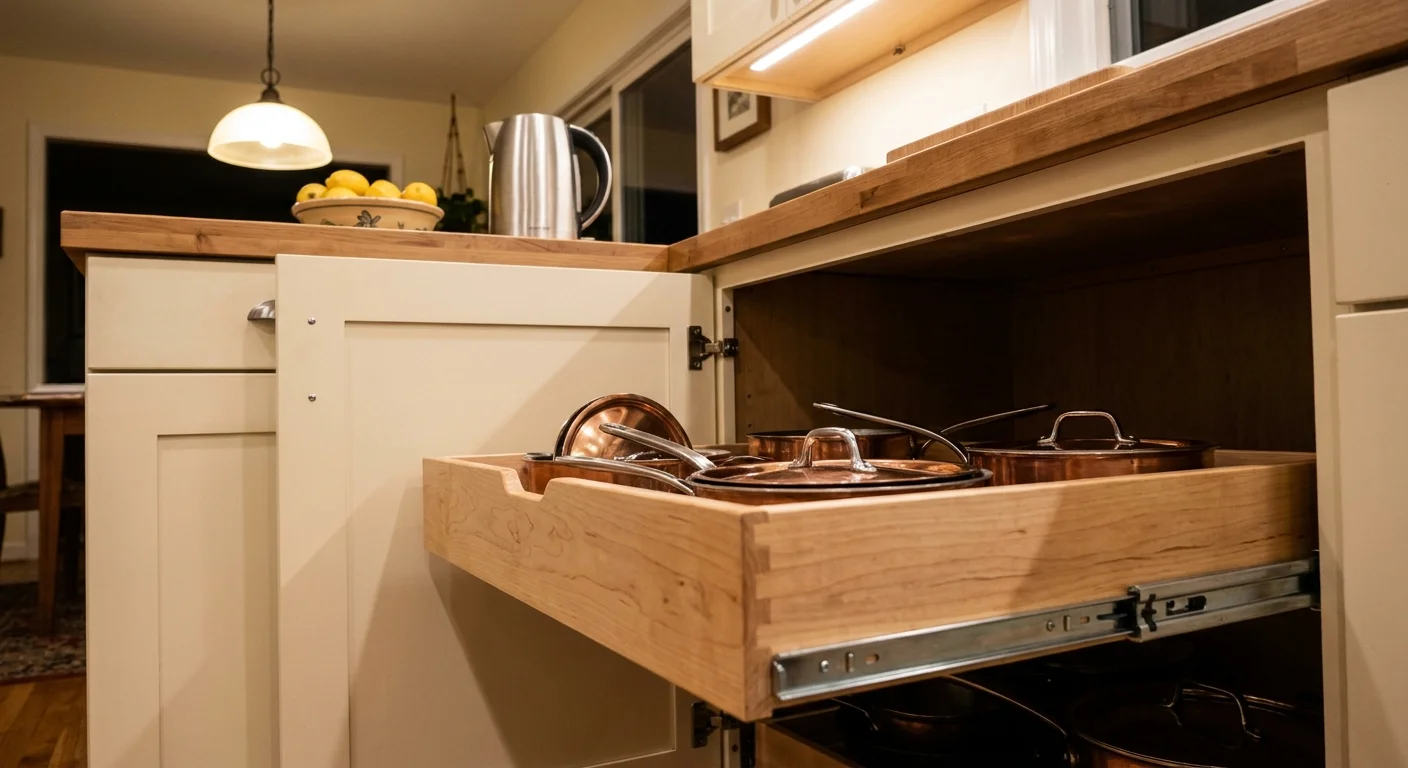 A kitchen cabinet with an open door showing a wooden pull-out drawer filled with pots and pans.