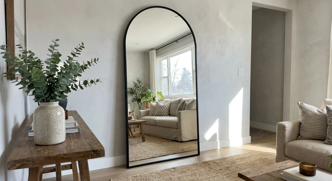 A large arched mirror in an entryway reflecting a bright, sunlit living room to create a sense of space.