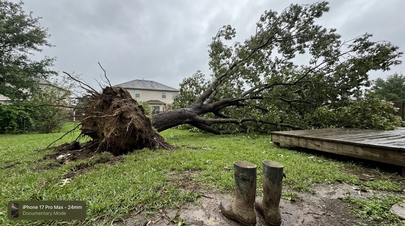A large fallen oak tree lying across a green lawn, missing the house, after a storm.