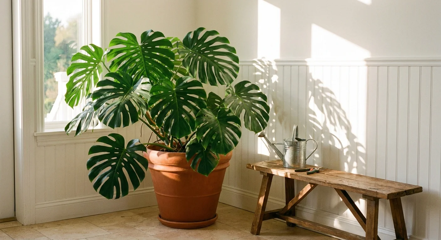 A large, healthy Monstera plant in a terracotta pot sitting in a sunlit entryway corner.