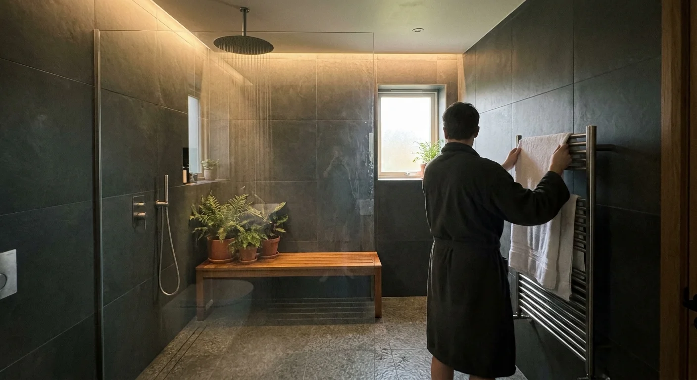 A large, modern walk-in shower with stone tiles and plants, replacing a traditional soaking tub.
