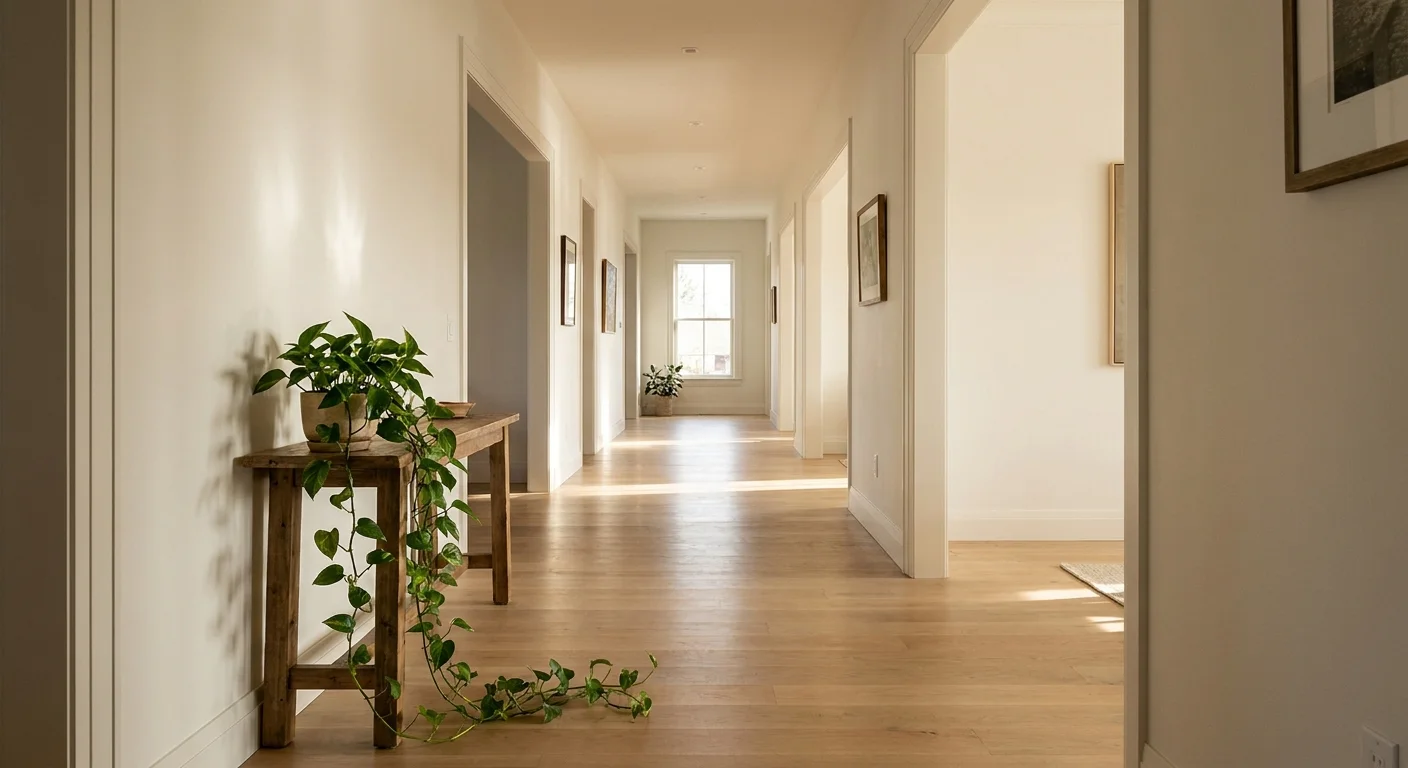 A long, wide hallway in a bright home with open doors and a trailing plant on a side table.