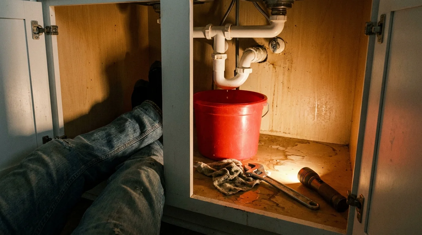 A low-angle photo from under a kitchen sink showing a person working on a leaky pipe with a wrench and a bucket.