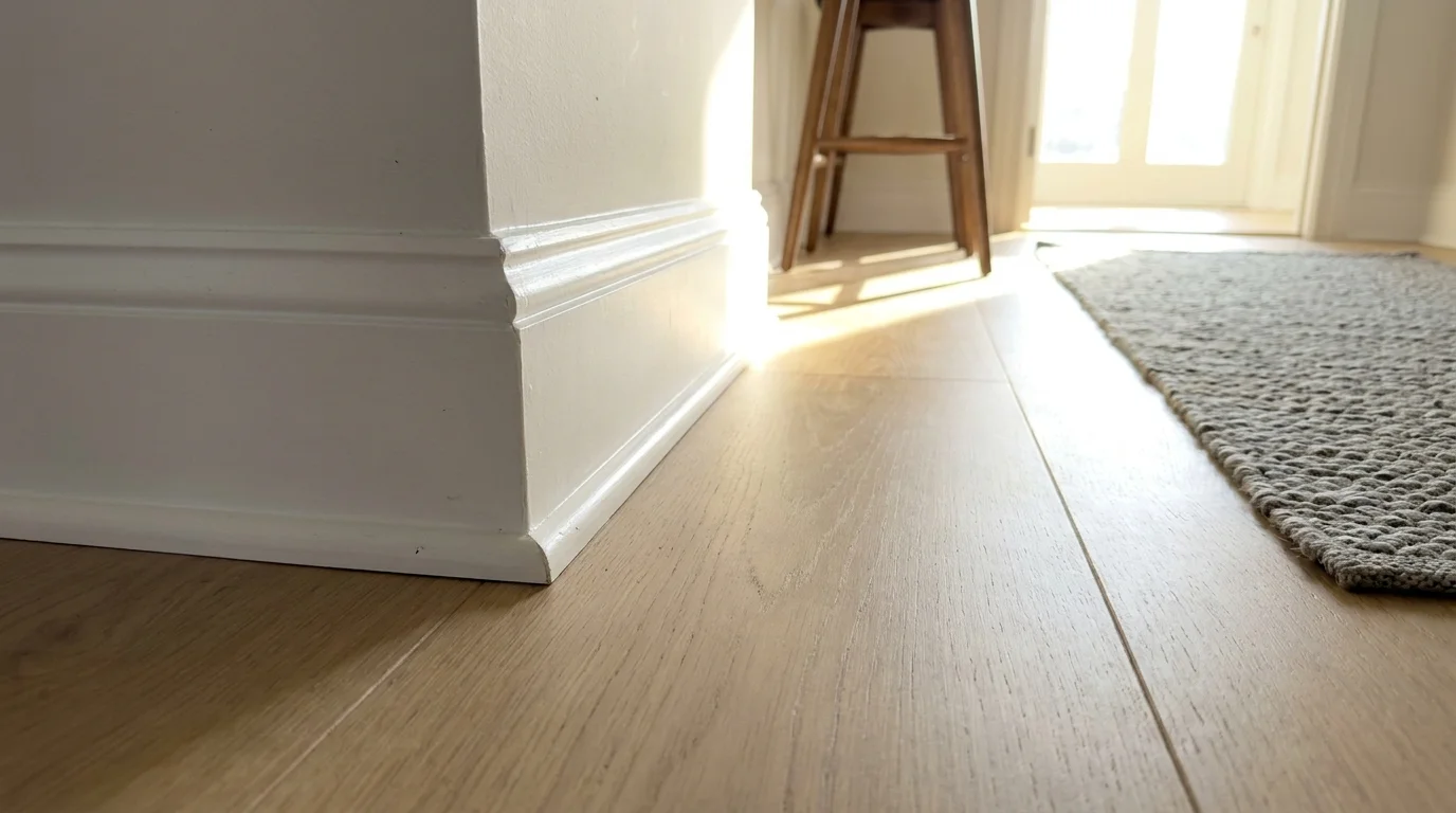 A low-angle shot of a clean white baseboard and a light wood floor corner, showing a lack of dust and hair.