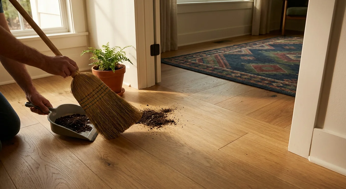A low-angle shot of a person sweeping soil off a hardwood floor, showing the practicality of hard surfaces over carpet.