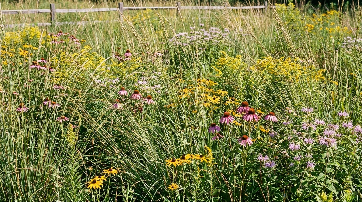 A lush meadow of native wildflowers and tall grasses, including purple coneflowers and black-eyed Susans.