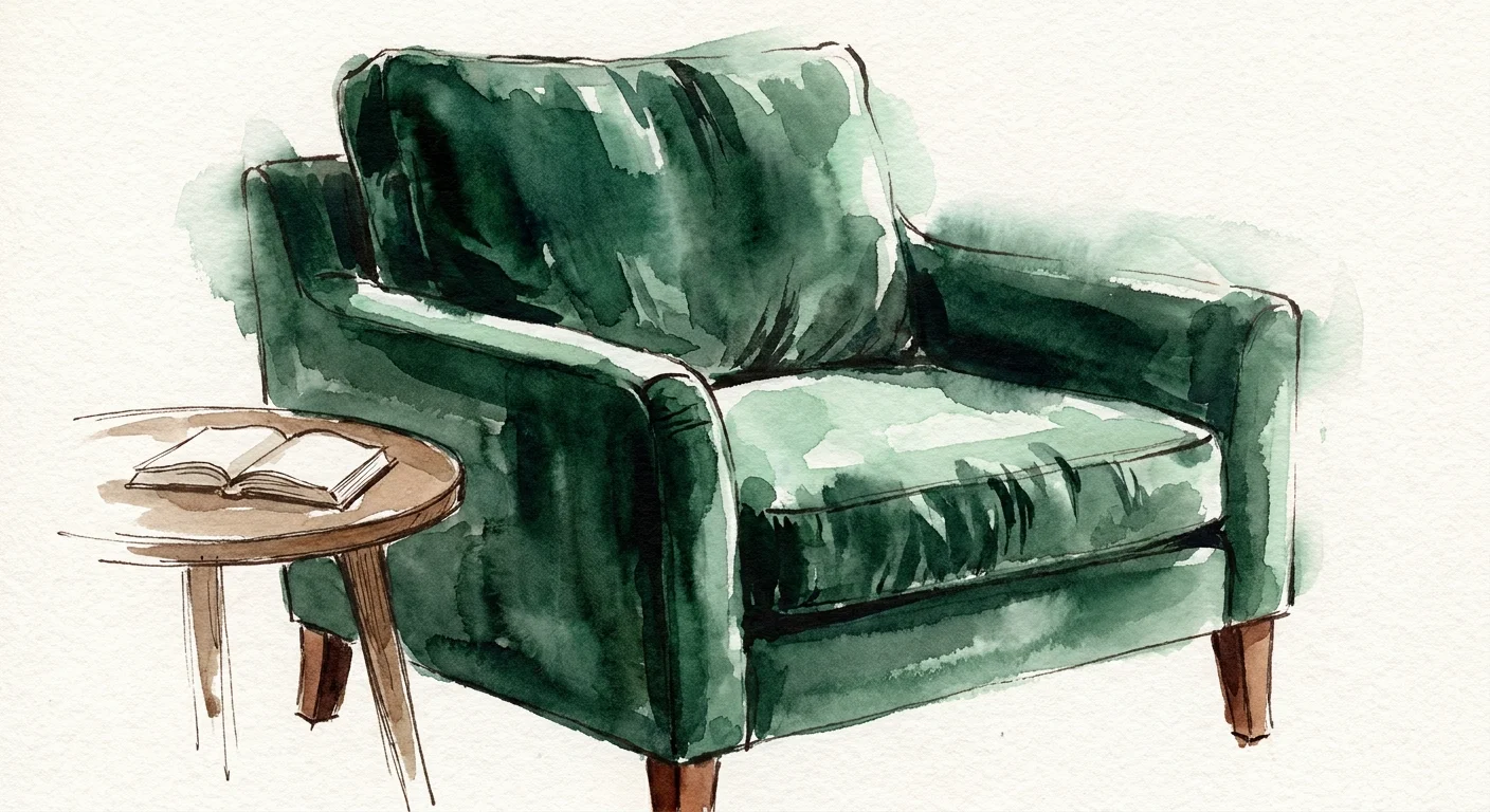 A lush watercolor painting of an emerald green velvet armchair, highlighting the fabric's soft sheen.