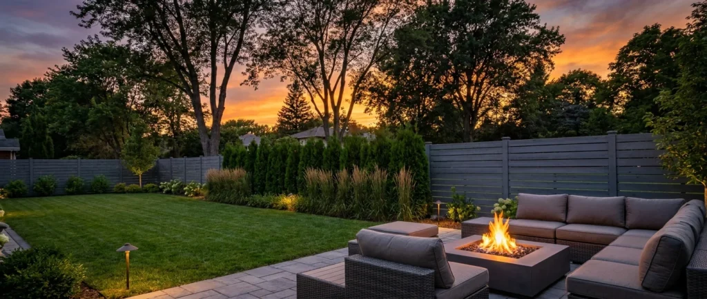 A luxurious and well-planned backyard featuring a fire pit, privacy plants, and ambient lighting during a colorful sunset.