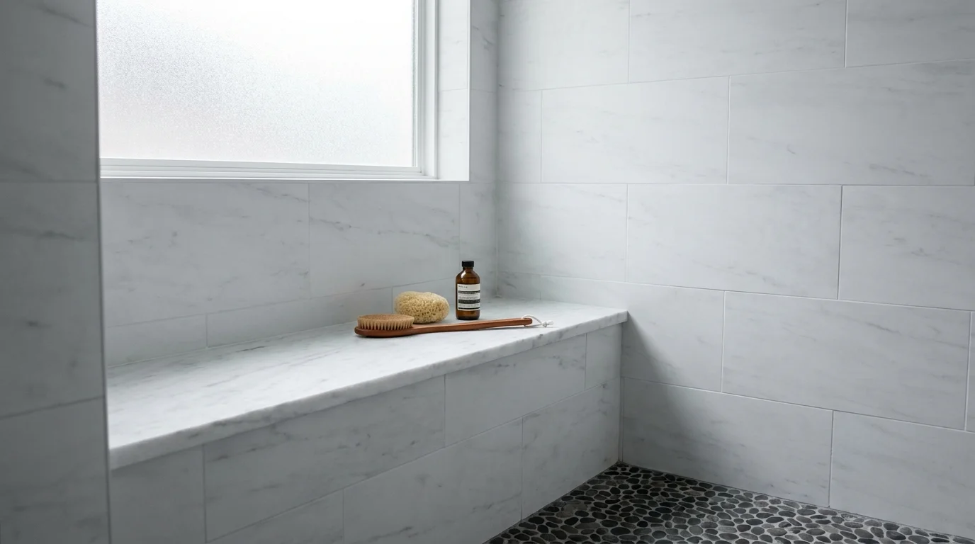 A luxurious walk-in shower with a built-in marble bench and pebble tile floor.