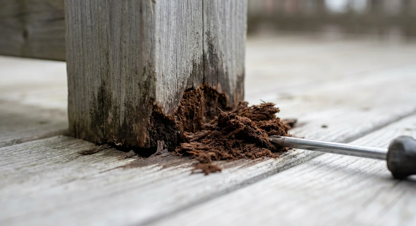 A macro photograph of crumbling, rotten wood at the base of a deck post, being poked by a screwdriver.