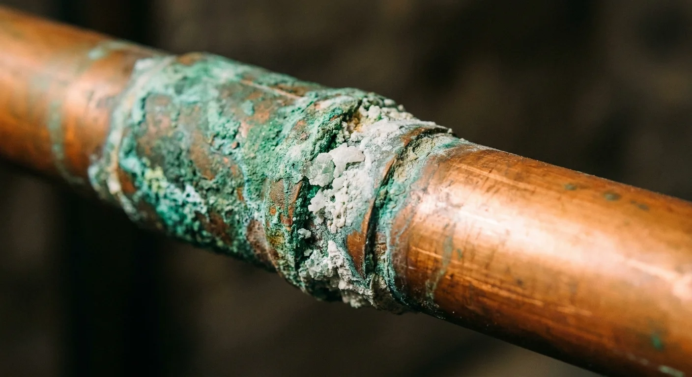 A macro photograph of green and white corrosion crusting over a copper pipe joint.